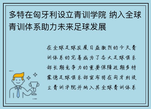多特在匈牙利设立青训学院 纳入全球青训体系助力未来足球发展