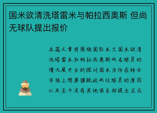 国米欲清洗塔雷米与帕拉西奥斯 但尚无球队提出报价