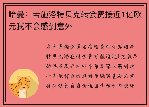 哈曼：若施洛特贝克转会费接近1亿欧元我不会感到意外