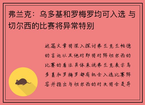 弗兰克：乌多基和罗梅罗均可入选 与切尔西的比赛将异常特别