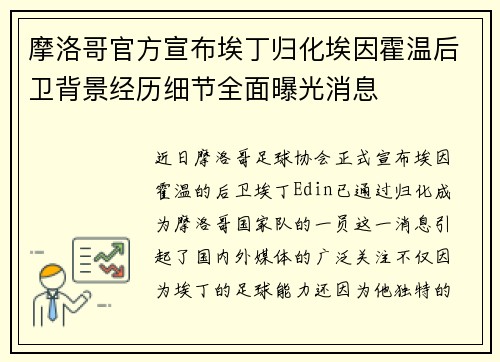 摩洛哥官方宣布埃丁归化埃因霍温后卫背景经历细节全面曝光消息